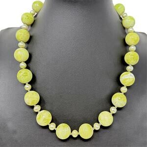 Yellow Green Citrine Bead Pearl Glass Necklace Sterling Silver Toggle Clasp 18"